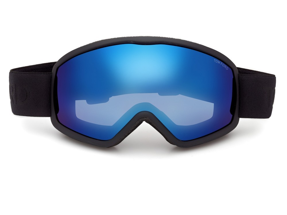 Ski and snowboard goggles Tom Ford FT1321 (01X) color nero lucido shape mask lenses blu specchiato