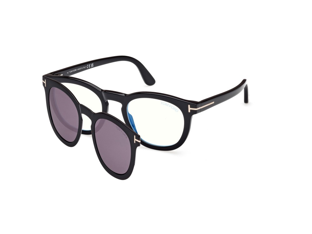 Occhiali da vista Tom Ford FT5993-B (001) + clip-on colore nero lucido forma rotondo lenti fumo