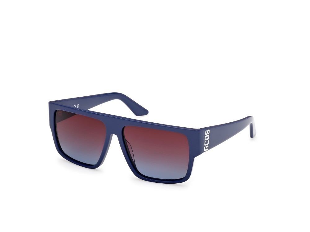 Occhiali da sole GCDS GD0063 (90T) colore blu lucido forma geometrico lenti bordeaux sfumato