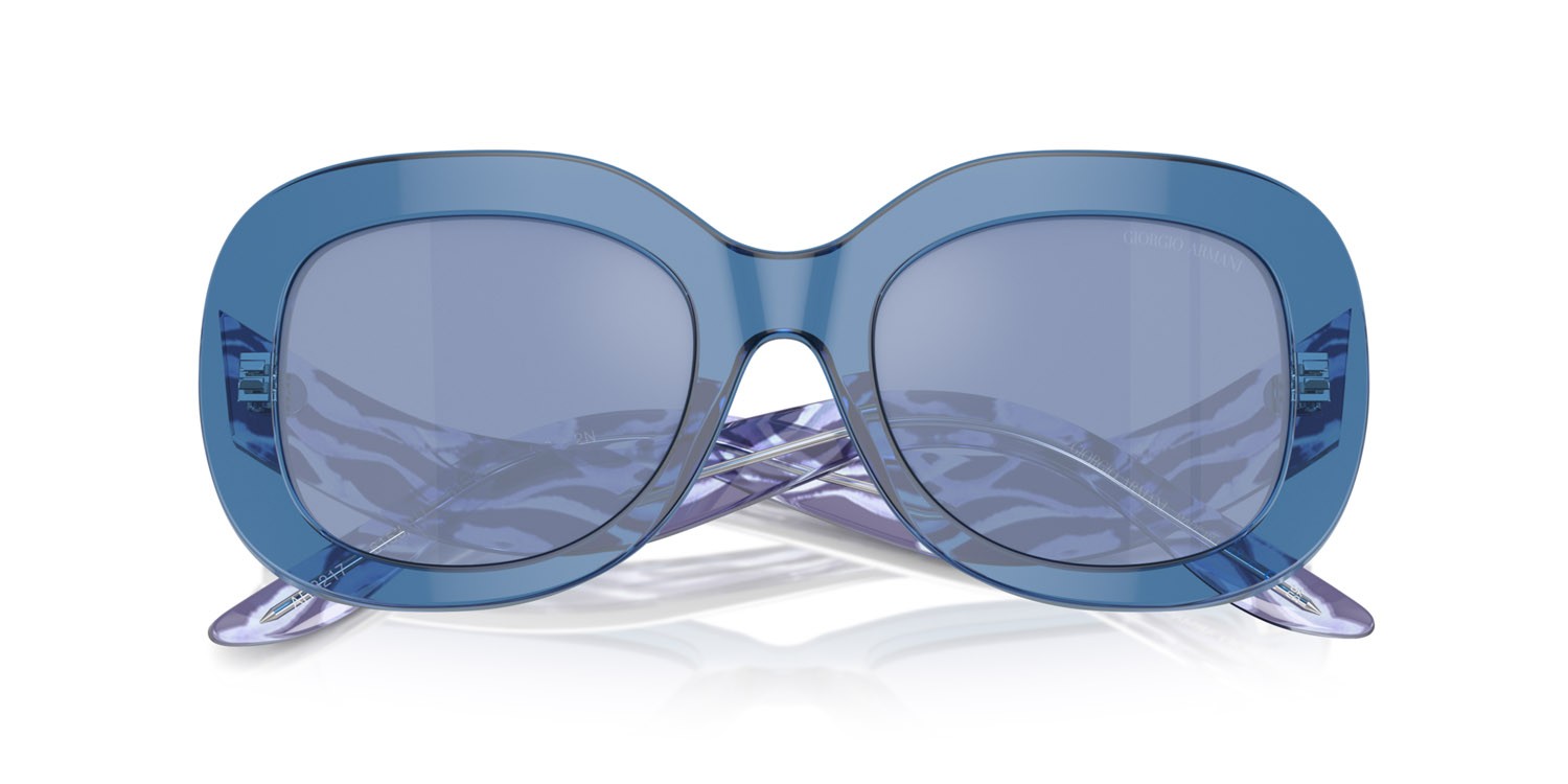 Sunglasses Giorgio Armani AR 8217 (61531U) color blu trasparente shape oval lenses azzurro specchiato argento