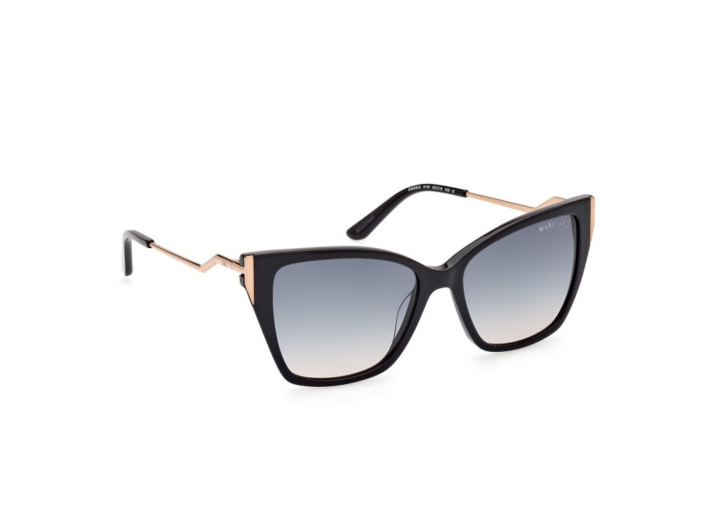 Occhiali da sole Guess by Marciano GM0833 (01W) colore nero lucido - oro rosèl ucido forma quadrato lenti blu sfumato