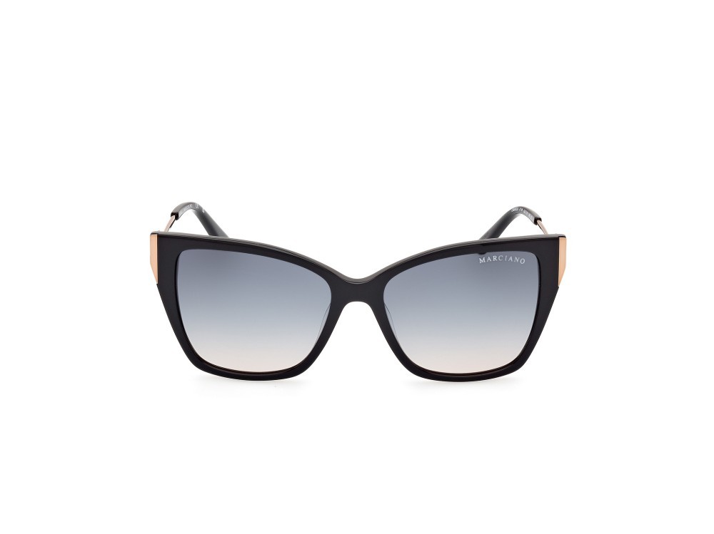 Occhiali da sole Guess by Marciano GM0833 (01W) colore nero lucido - oro rosèl ucido forma quadrato lenti blu sfumato
