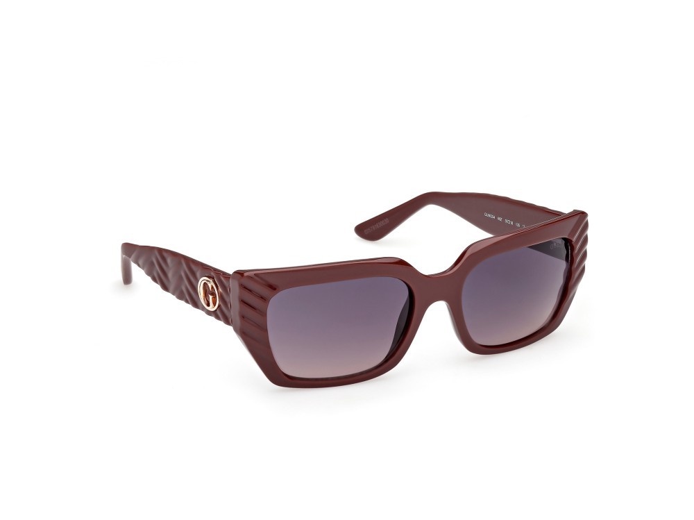 Occhiali da sole Guess GU00254 (69Z) colore bordeaux lucido / bordeaux opaco forma rettangolare lenti viola sfumato o specchiato