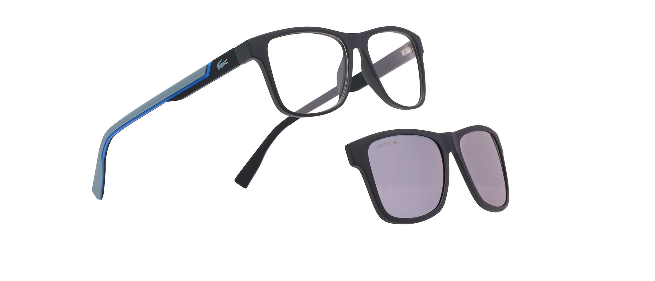 Sunglasses Lacoste L2707 CLIP (002) color matte black shape rectangle lenses solid grey silver