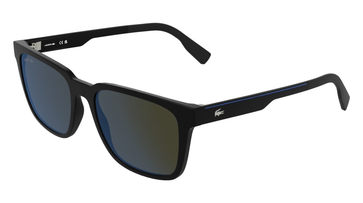Sunglasses Lacoste L6077S (001) color black shape rectangle lenses azure mirror