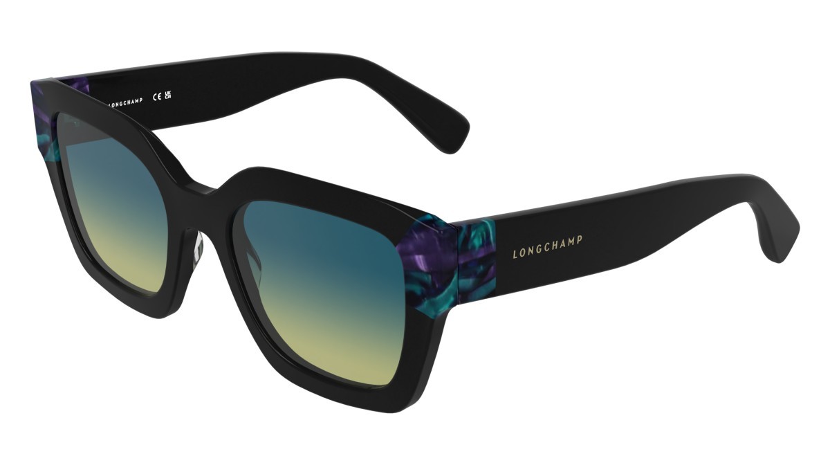 Sunglasses Longchamp LO771S (007) color black/marble turquoise shape rectangle lenses grazient azure yellow