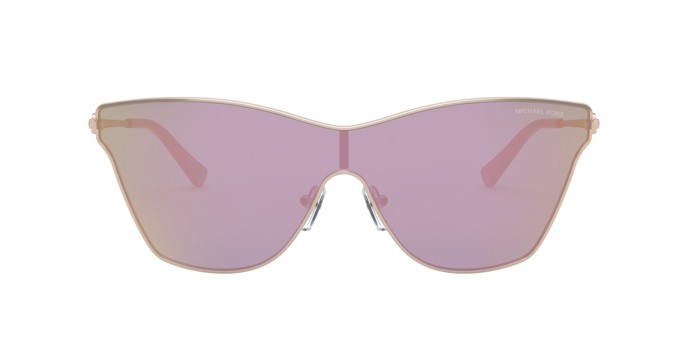 Occhiali da sole Michael Kors Larissa MK 1063 (11084Z) colore rose gold forma farfalla lenti pink mirror