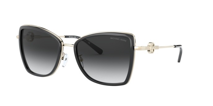 Occhiali da sole Michael Kors Corsica MK 1067B (10148G) colore light gold forma farfalla lenti dark grey gradient