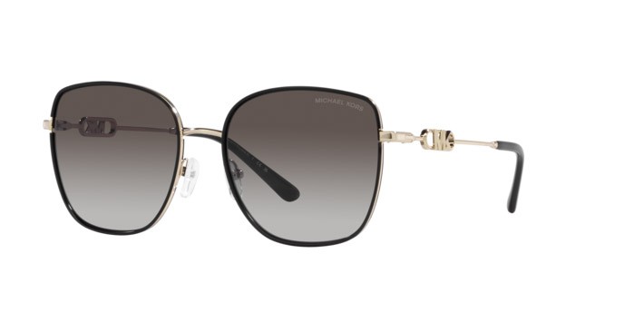 Sunglasses Michael Kors Empire Square MK 1129J (10148G) color oro chiaro/nero shape square lenses grigio scuro sfumato