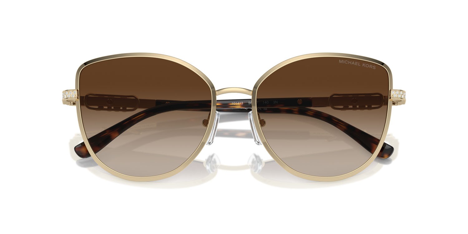 Occhiali da sole Michael Kors Catalonia MK 1144B (101413) colore oro chiaro brillante forma cat eye lenti marrone sfumato