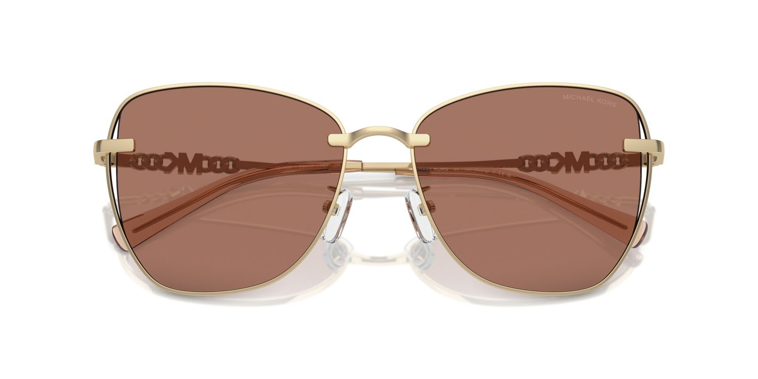Sonnenbrillen Michael Kors Beijing MK 1158D (101403) farbe oro chiaro brillante form schmetterling gläser marrone chiaro tinta unita