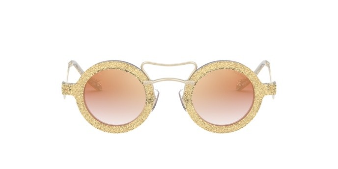 Sonnenbrillen Miu Miu MU 02VS (155AD2) farbe glitter gold form rund gläser gradient pink mirror pink