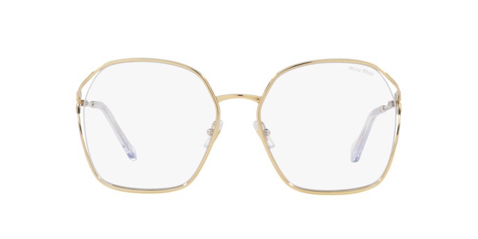Sonnenbrillen Miu Miu MU 52WS (5AK08N) farbe gold form unregelmäßig gläser clear blue light filter