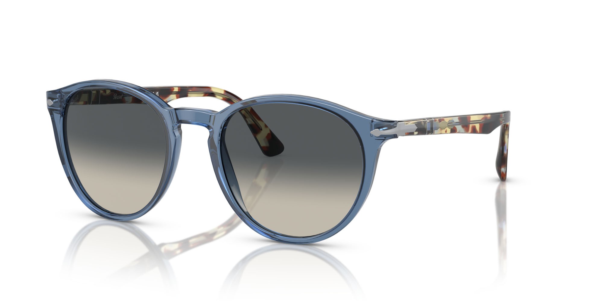 Occhiali da sole Persol PO 3152S (120271) colore blu navy trasparente forma pantos lenti grigio chiaro sfumato grigio scuro
