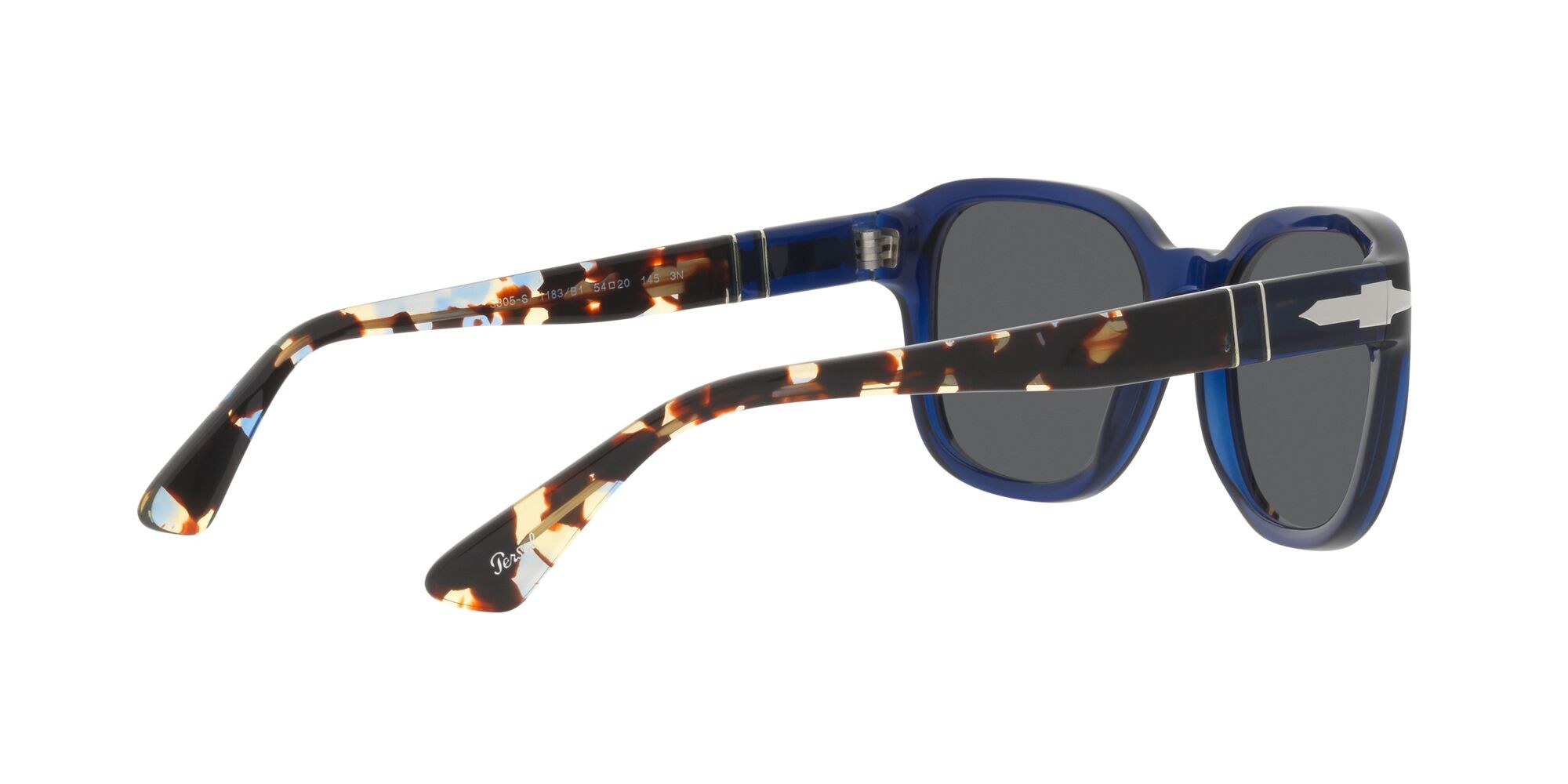 Occhiali da sole Persol PO 3305S (1183B1) colore blu opale forma ovale lenti grigio scuro