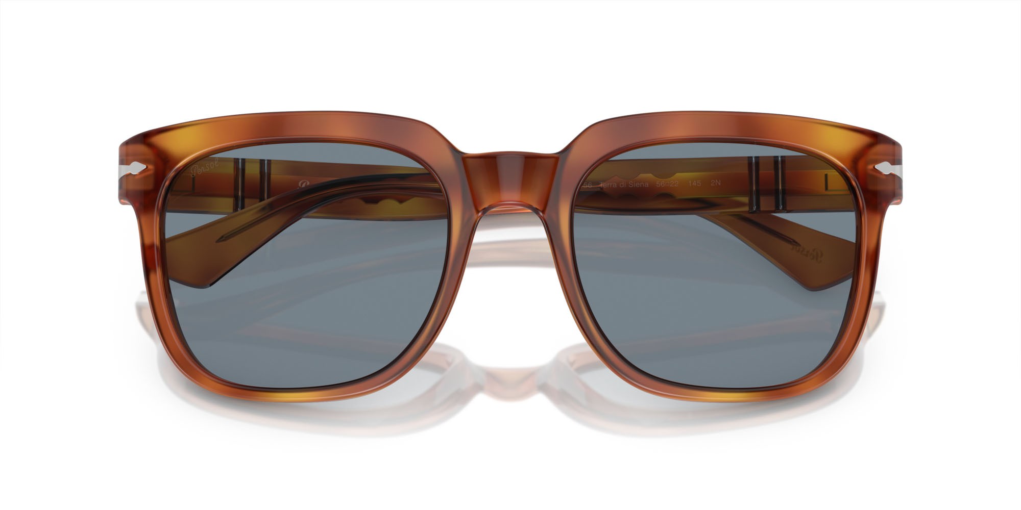 Occhiali da sole Persol PO 3323S (96/56) colore terra di siena forma quadrato lenti azzurro