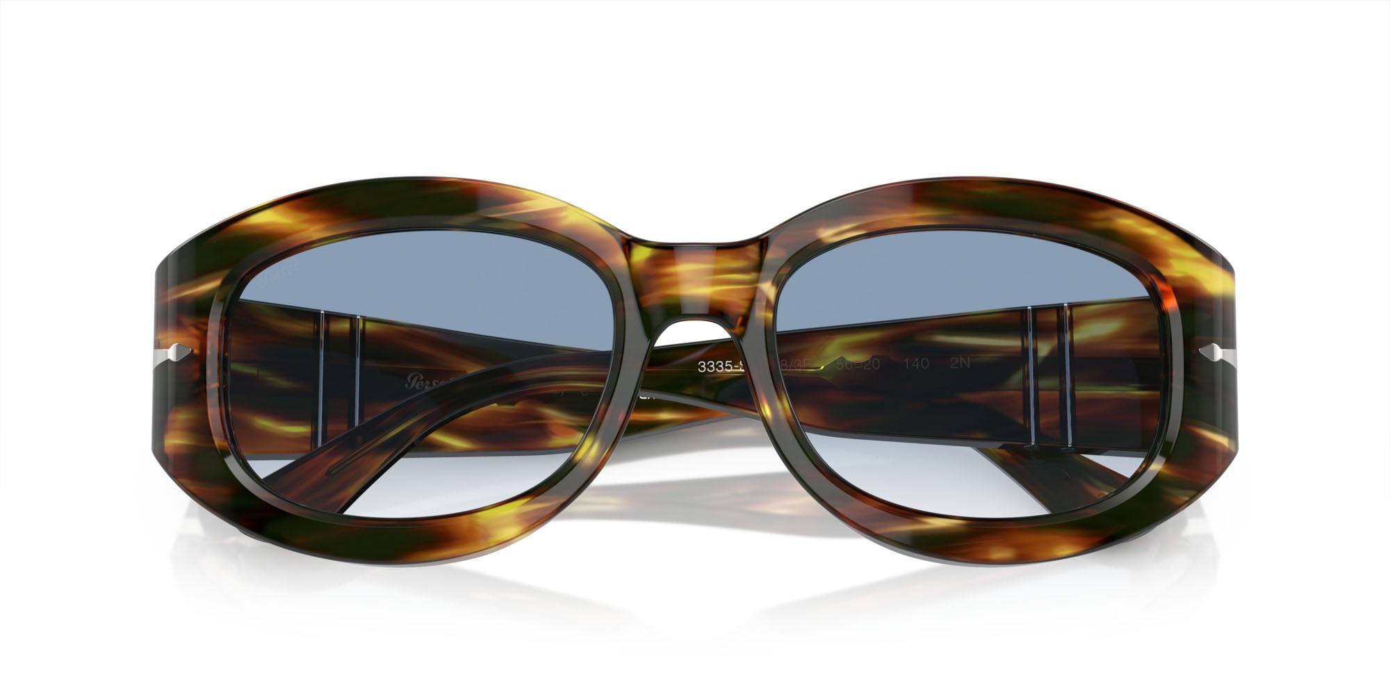 Sunglasses Persol PO 3335S (938/3F) color marrone-giallo tartarugato shape square lenses trasparente sfumato blu