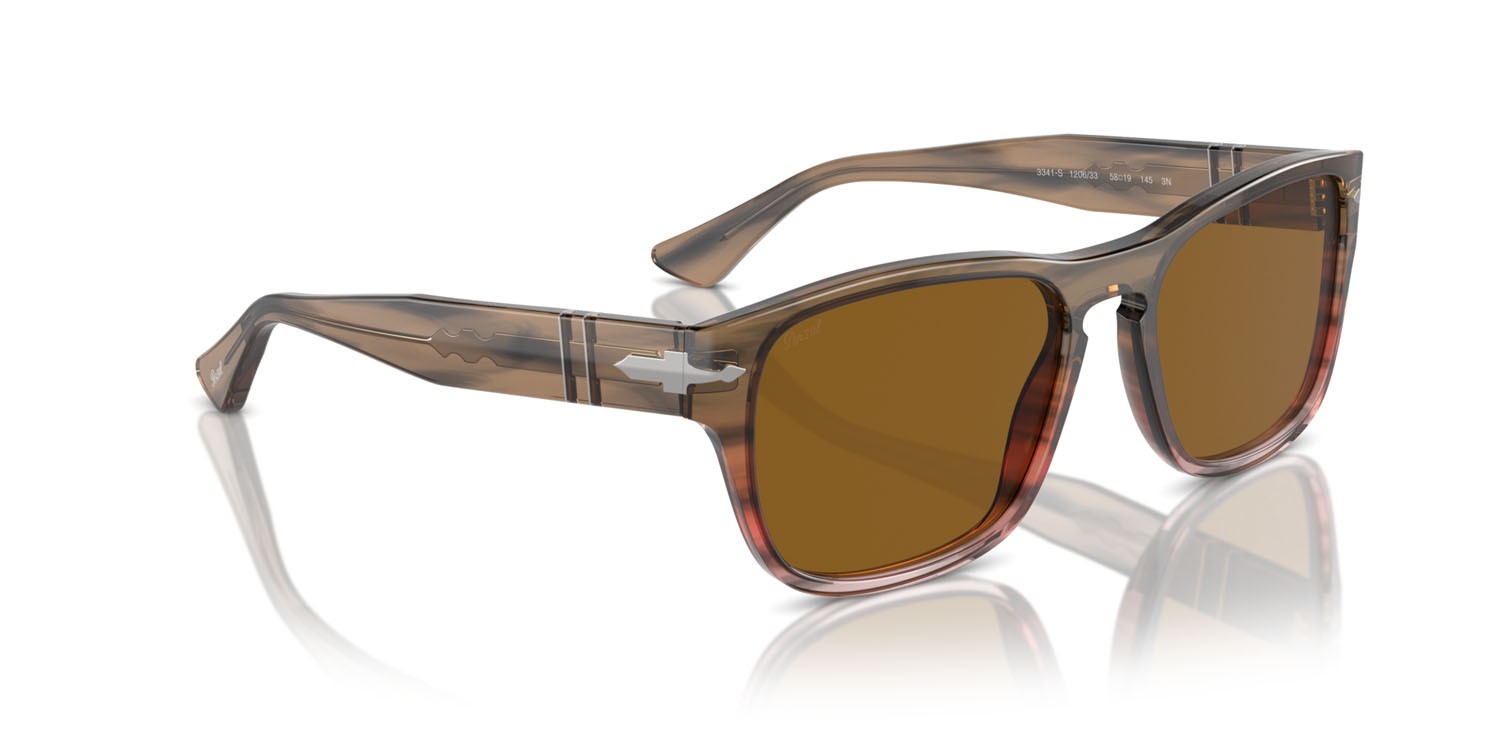 Occhiali da sole Persol PO 3341S (120633) colore marrone a righe rosso sfumato forma quadrato lenti marrone