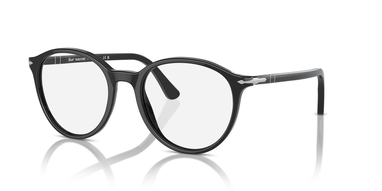 Occhiali da sole Persol PO 3350S (95/GG) colore nero forma pantos lenti transitions clear to sapphire