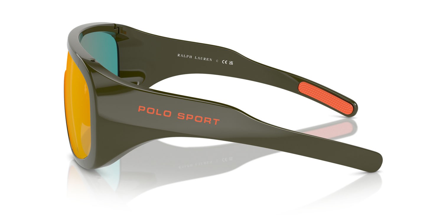 Occhiali da sole Polo PH 4215U (52166Q) colore verde oliva brillante forma irregolare lenti rosso specchiato arancione
