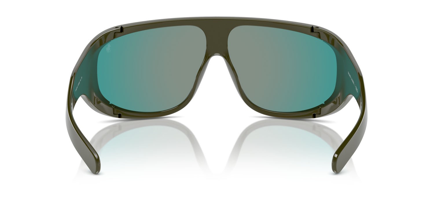 Occhiali da sole Polo PH 4215U (52166Q) colore verde oliva brillante forma irregolare lenti rosso specchiato arancione