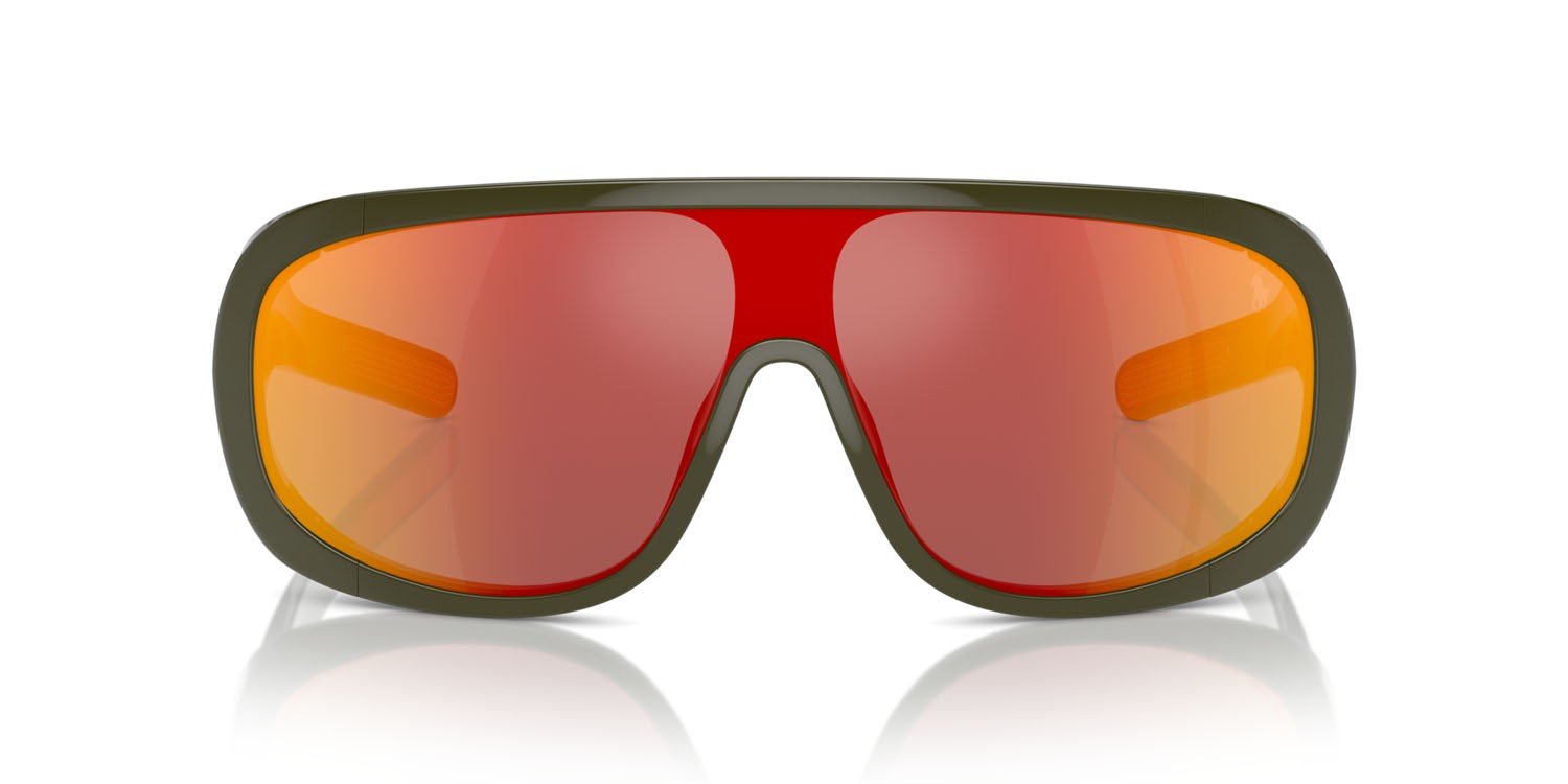 Occhiali da sole Polo PH 4215U (52166Q) colore verde oliva brillante forma irregolare lenti rosso specchiato arancione