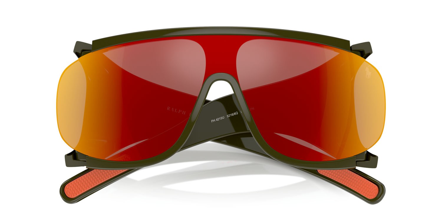 Occhiali da sole Polo PH 4215U (52166Q) colore verde oliva brillante forma irregolare lenti rosso specchiato arancione