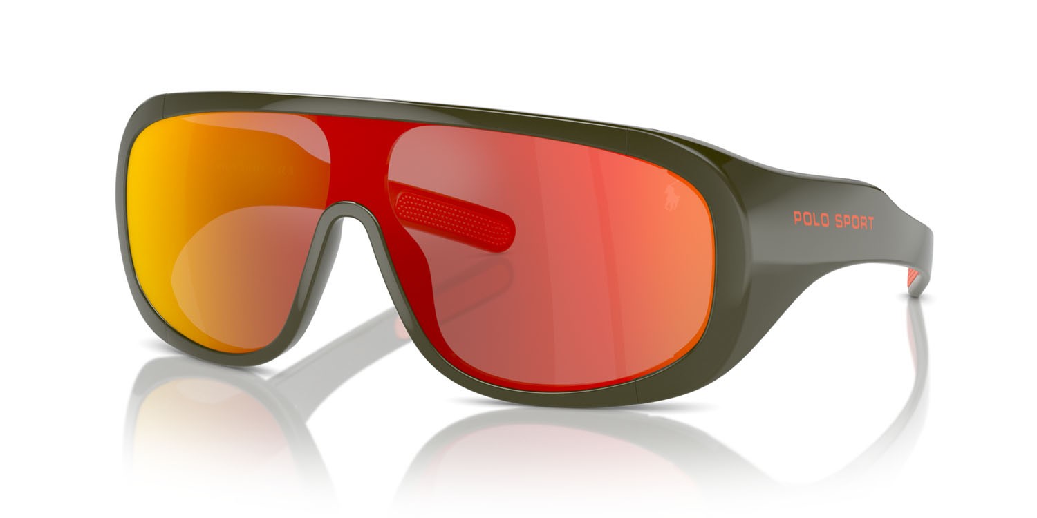 Occhiali da sole Polo PH 4215U (52166Q) colore verde oliva brillante forma irregolare lenti rosso specchiato arancione