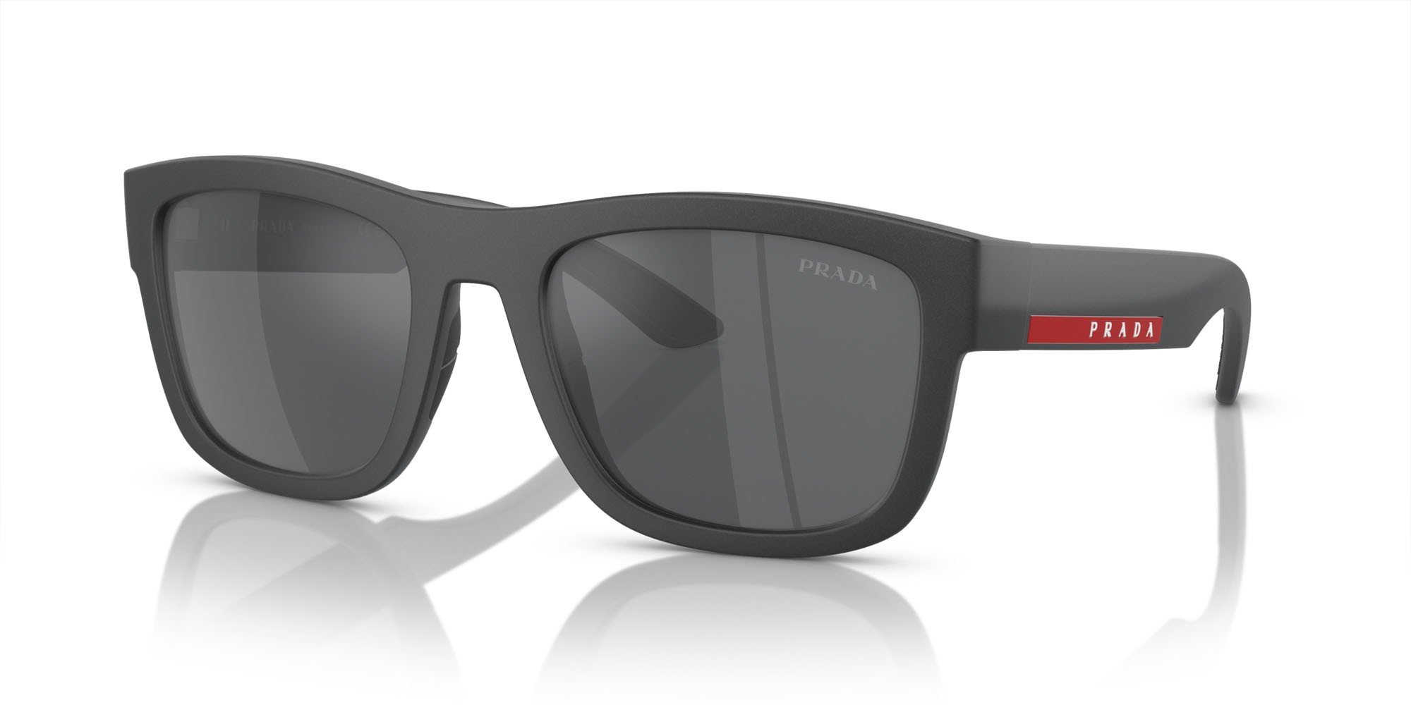 Sunglasses Prada Linea Rossa PS 01ZS (15P60A) color grigio metallizzato opaco shape square lenses grigio argento specchiato
