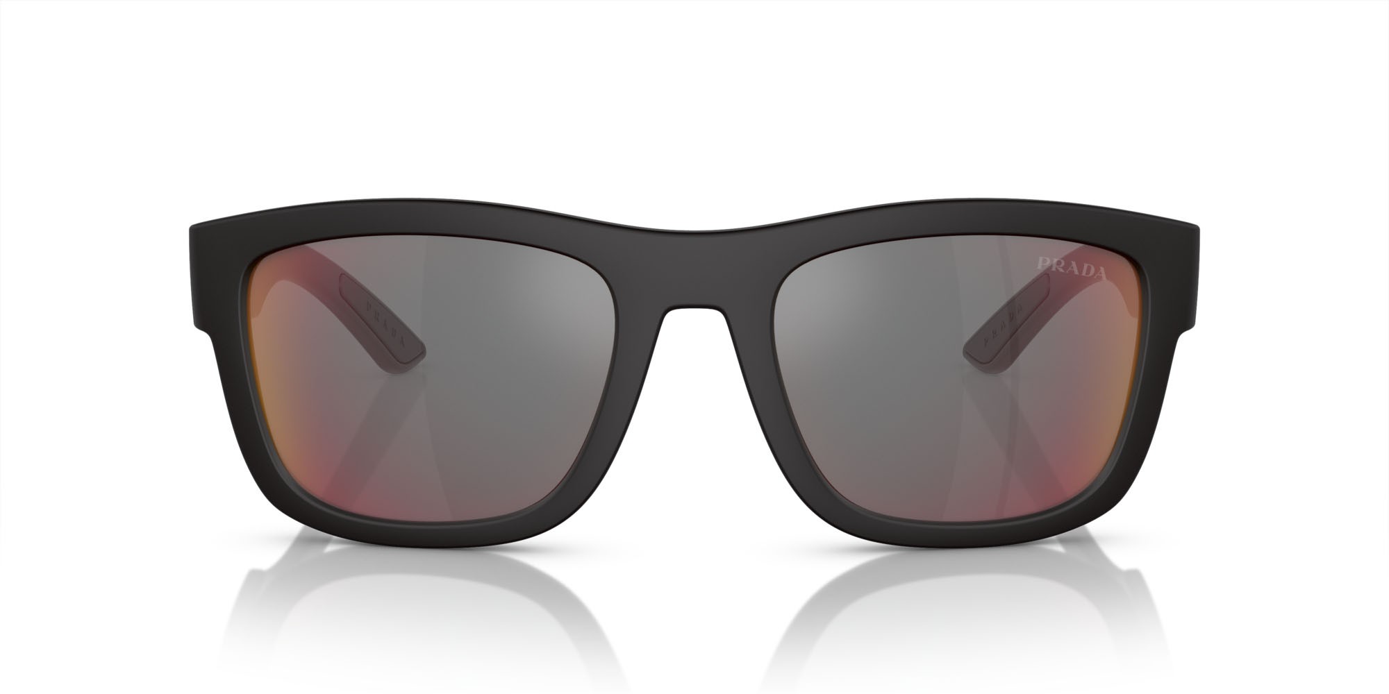 Occhiali da sole Prada Linea Rossa PS 01ZS (DG008F) colore nero effetto gommato forma quadrato lenti grigio scuro specchiato blu/rosso