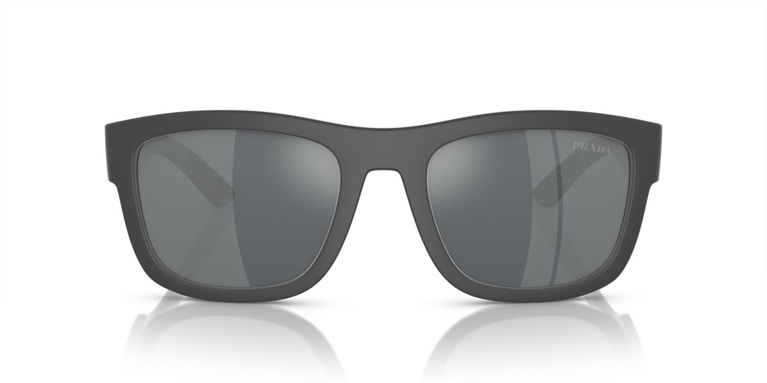 Sunglasses Prada Linea Rossa PS 01ZS (UFK5L0) color gomma grigia shape square lenses grigio chiaro specchiato nero