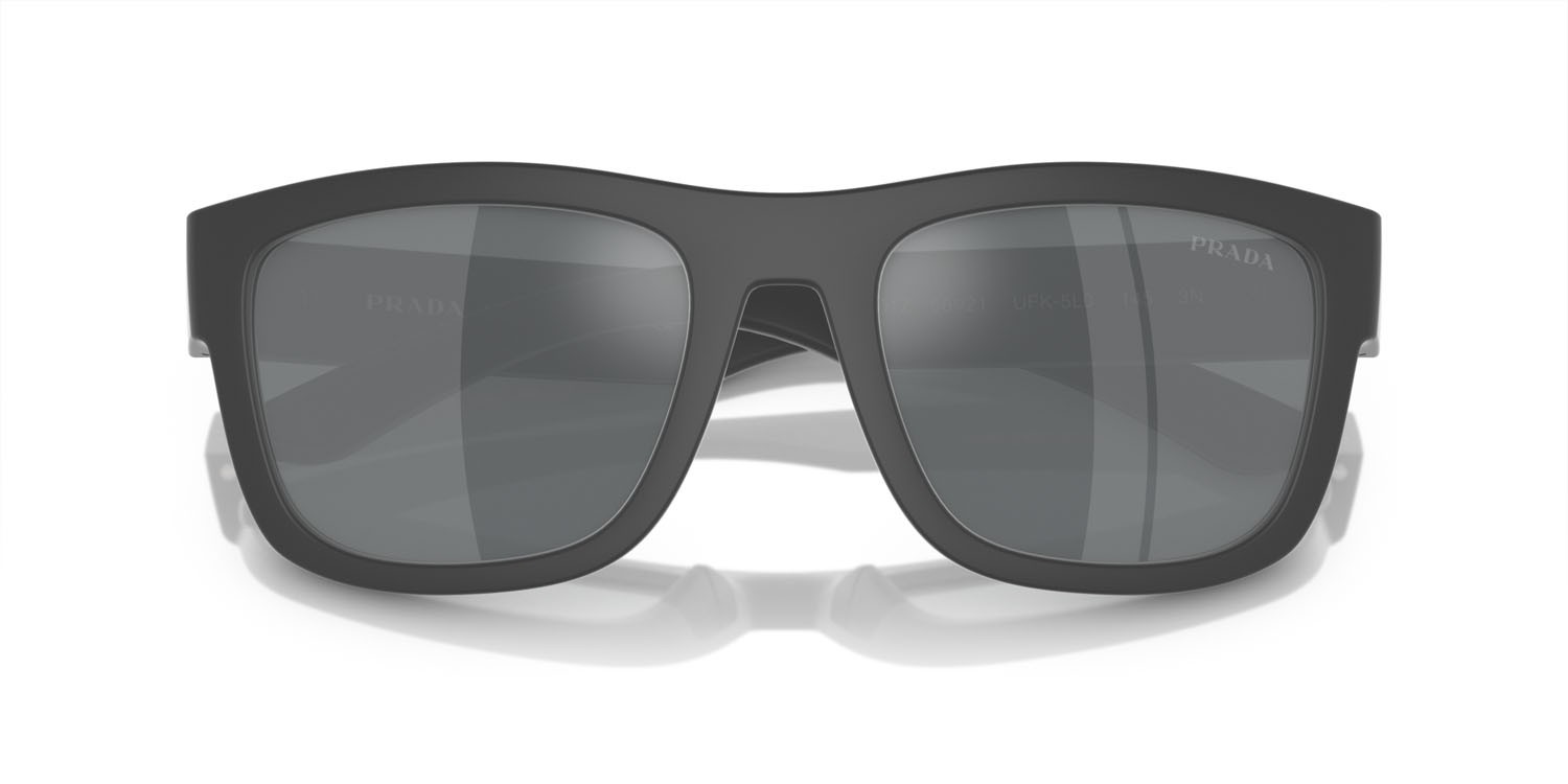 Sunglasses Prada Linea Rossa PS 01ZS (UFK5L0) color gomma grigia shape square lenses grigio chiaro specchiato nero