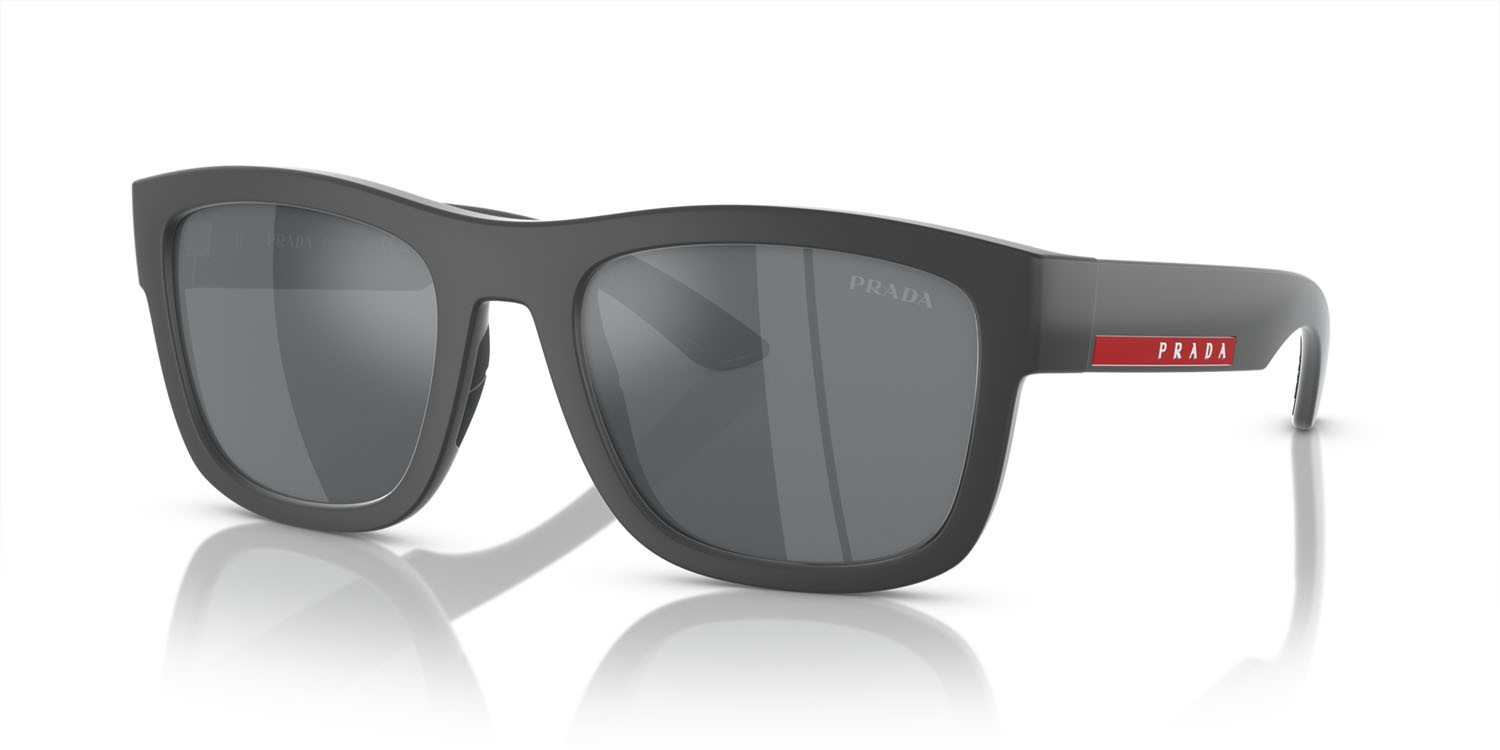 Sunglasses Prada Linea Rossa PS 01ZS (UFK5L0) color gomma grigia shape square lenses grigio chiaro specchiato nero