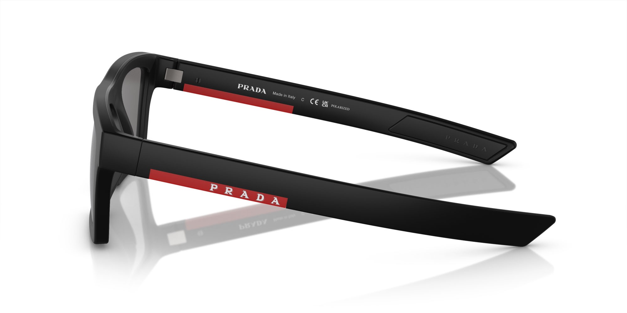 Sunglasses Prada Linea Rossa PS 02ZSU (1BO02G) color nero opaco shape rectangle lenses polar grigio scuro