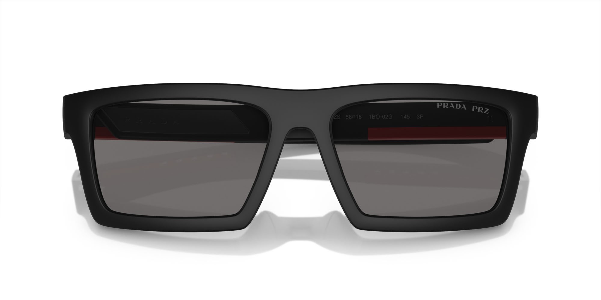 Sunglasses Prada Linea Rossa PS 02ZSU (1BO02G) color nero opaco shape rectangle lenses polar grigio scuro