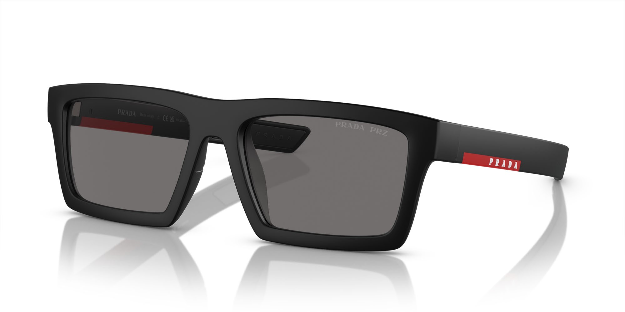 Sunglasses Prada Linea Rossa PS 02ZSU (1BO02G) color nero opaco shape rectangle lenses polar grigio scuro