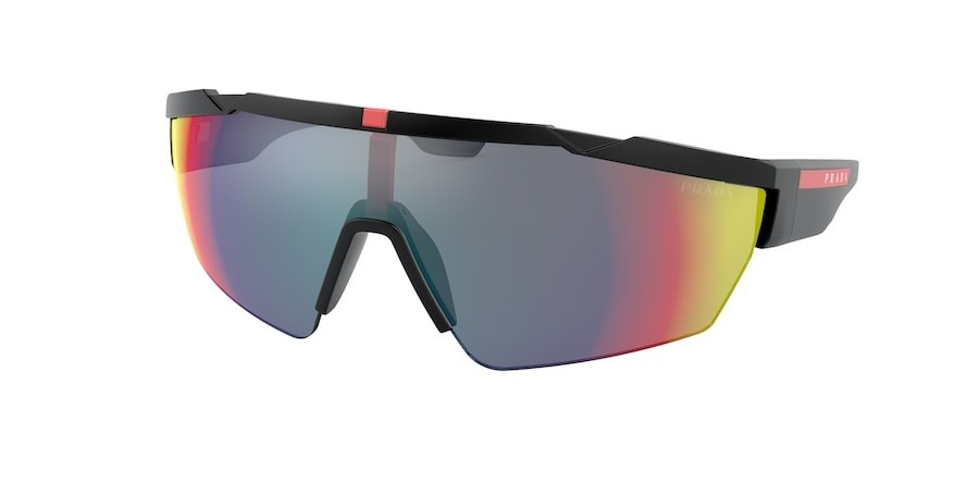 Occhiali da sole Prada Linea Rossa PS 03XS (DG008F) colore black rubber forma irregolare lenti dark grey mirror blue/red