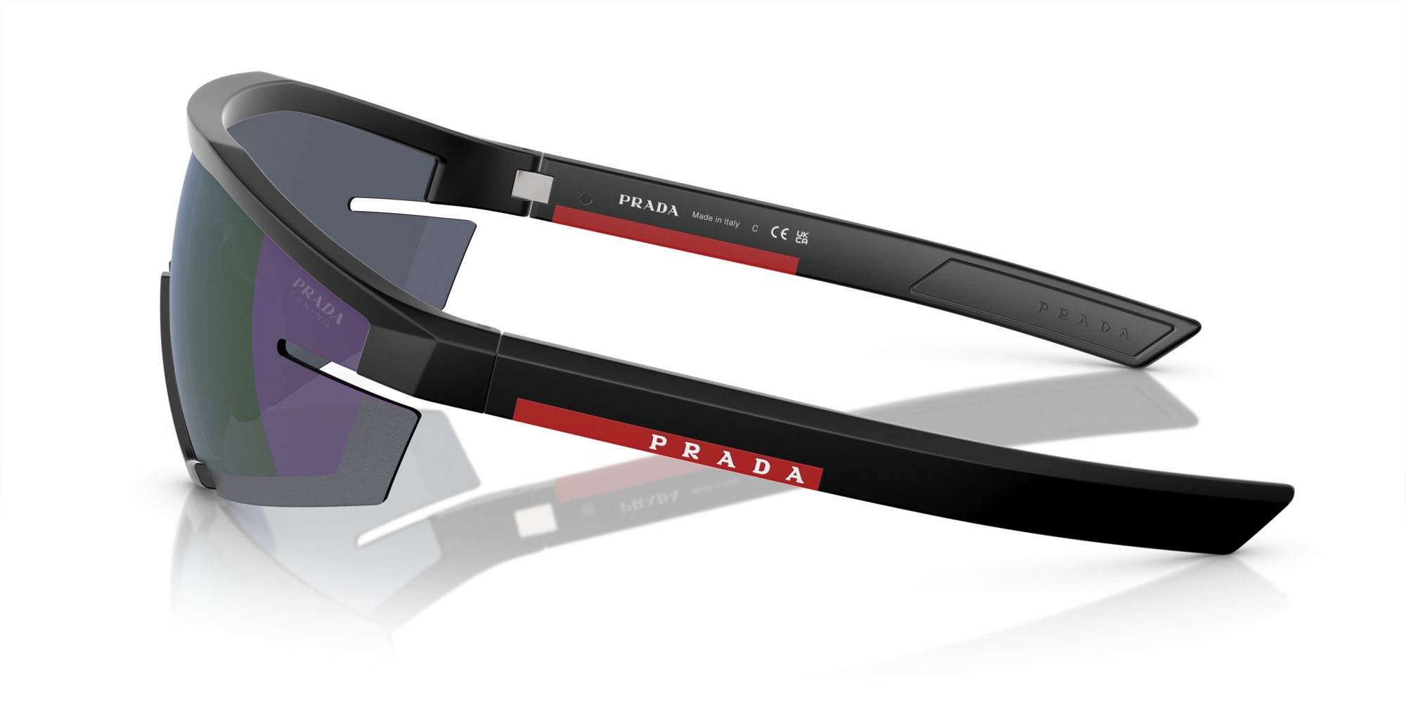 Sunglasses Prada Linea Rossa PS 03ZS (1BO05U) color nero opaco shape irregular lenses blu scuro specchiata viola