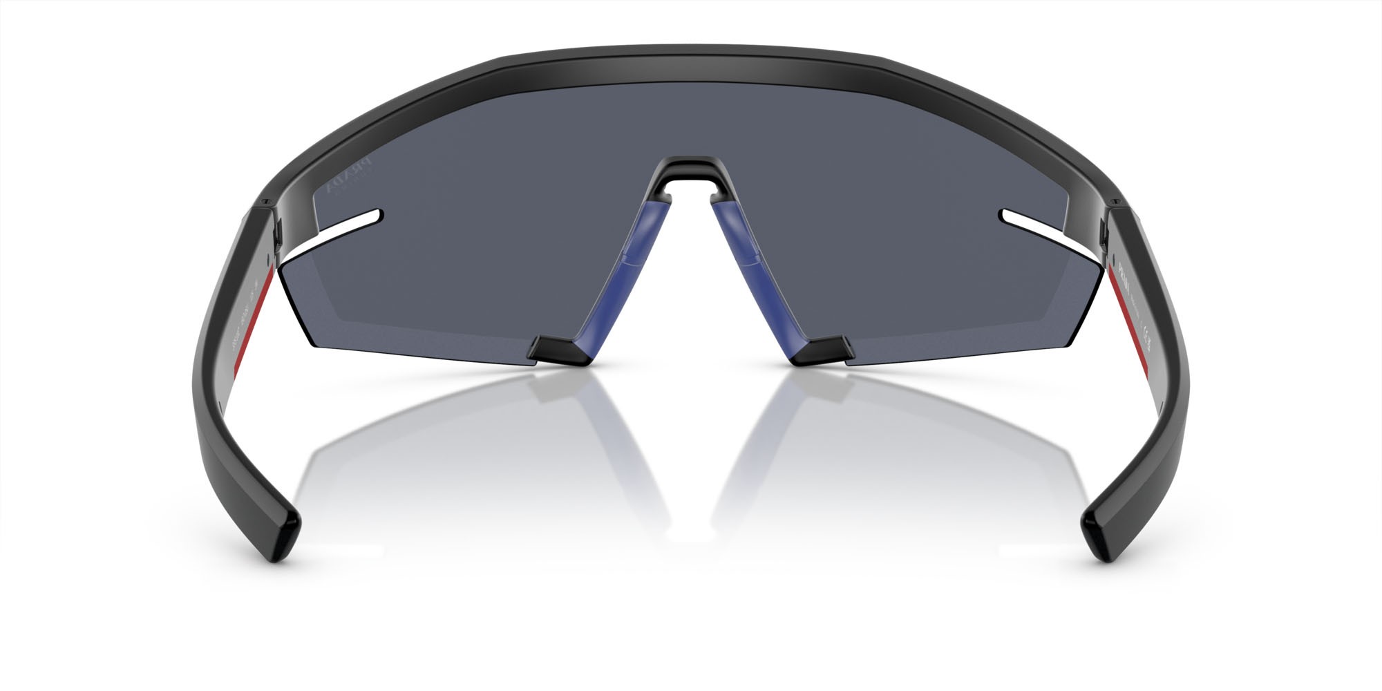 Sunglasses Prada Linea Rossa PS 03ZS (1BO05U) color nero opaco shape irregular lenses blu scuro specchiata viola