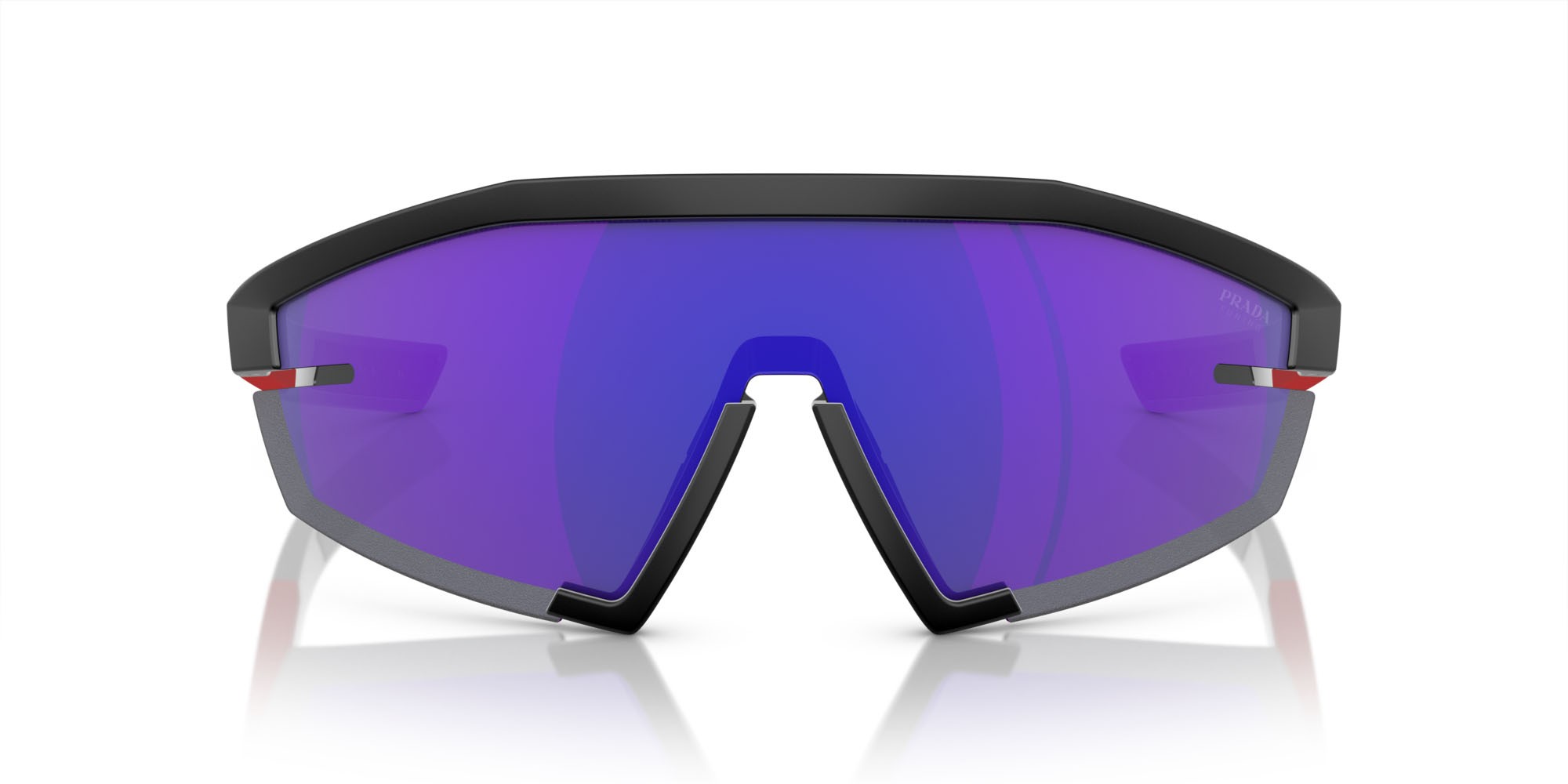 Sunglasses Prada Linea Rossa PS 03ZS (1BO05U) color nero opaco shape irregular lenses blu scuro specchiata viola