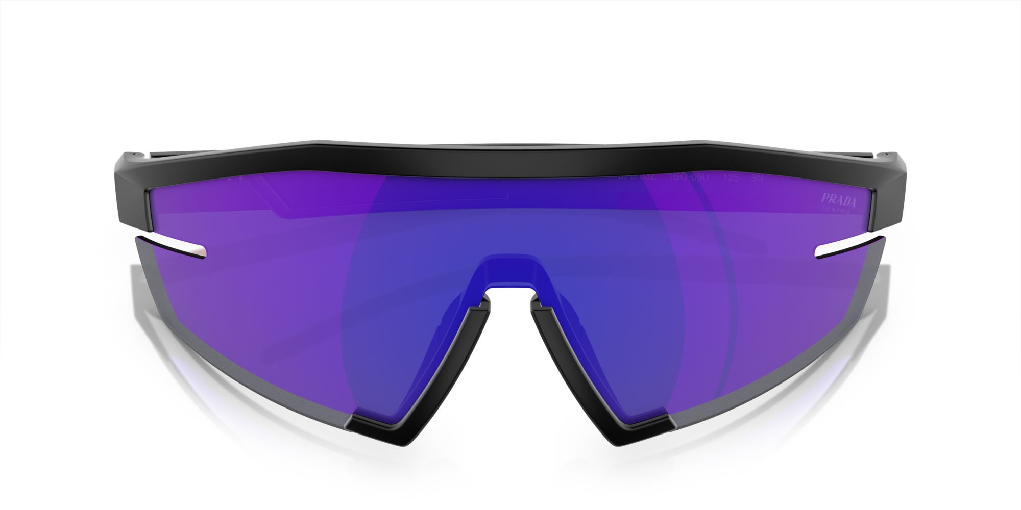 Sunglasses Prada Linea Rossa PS 03ZS (1BO05U) color nero opaco shape irregular lenses blu scuro specchiata viola
