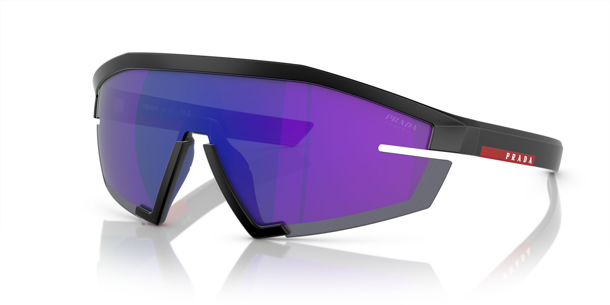 Sunglasses Prada Linea Rossa PS 03ZS (1BO05U) color nero opaco shape irregular lenses blu scuro specchiata viola