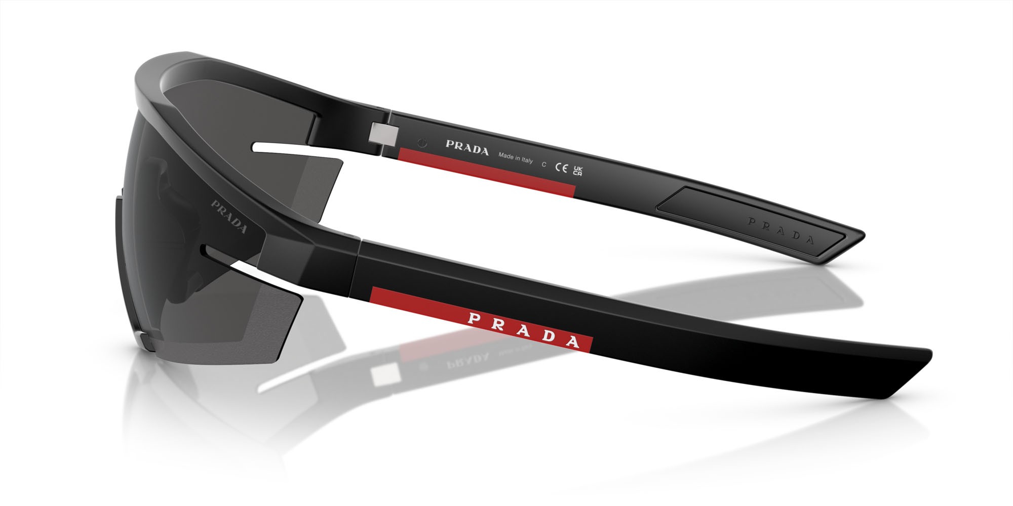 Sunglasses Prada Linea Rossa PS 03ZS (1BO06F) color nero opaco shape irregular lenses grigio scuro