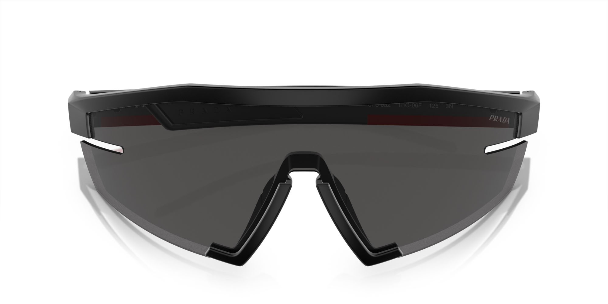 Sunglasses Prada Linea Rossa PS 03ZS (1BO06F) color nero opaco shape irregular lenses grigio scuro