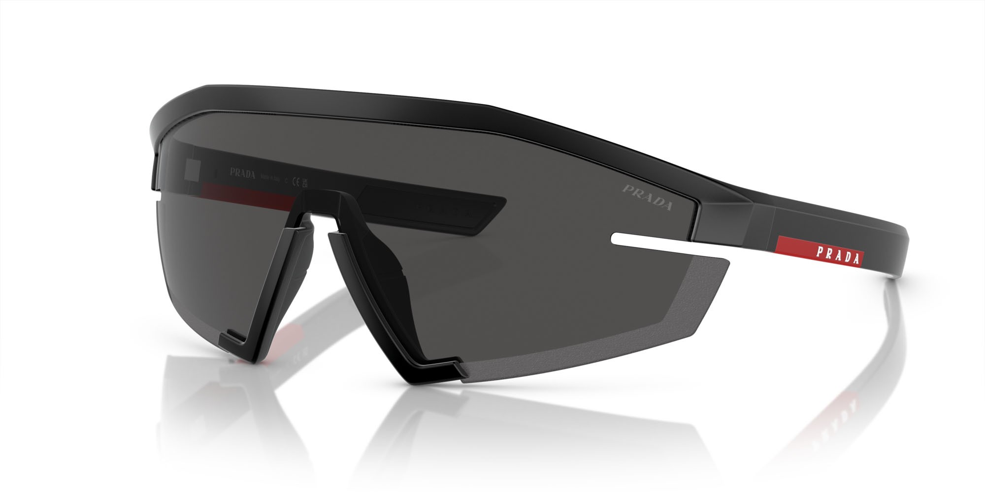 Sunglasses Prada Linea Rossa PS 03ZS (1BO06F) color nero opaco shape irregular lenses grigio scuro