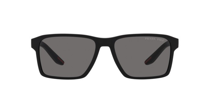 Occhiali da sole Prada Linea Rossa PS 05YS (DG002G) colore nero effetto gommato forma rettangolare lenti polar grigio scuro