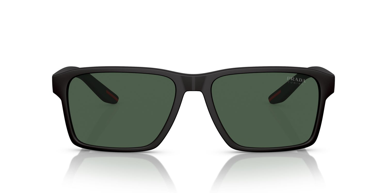 Occhiali da sole Prada Linea Rossa PS 05YS (DG006U) colore nero effetto gommato forma rettangolare lenti tuning dark green
