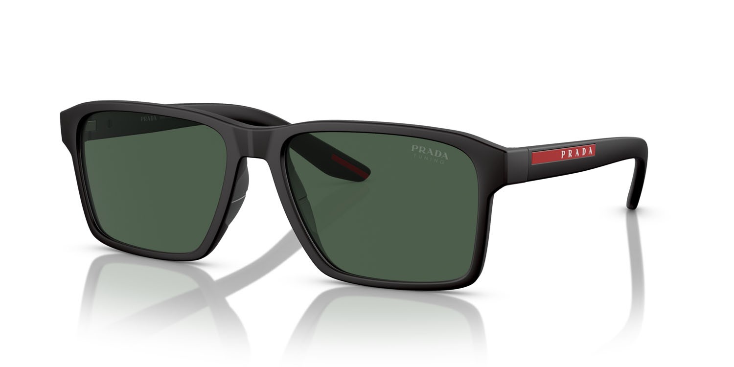 Occhiali da sole Prada Linea Rossa PS 05YS (DG006U) colore nero effetto gommato forma rettangolare lenti tuning dark green