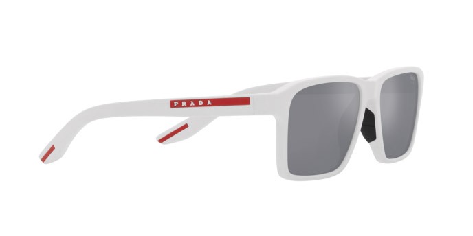 Occhiali da sole Prada Linea Rossa PS 05YS (TWK40A) colore bianco effetto gommato forma rettangolare lenti azzurro specchiato argento