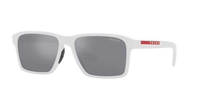 Occhiali da sole Prada Linea Rossa PS 05YS (TWK40A) colore bianco effetto gommato forma rettangolare lenti azzurro specchiato argento